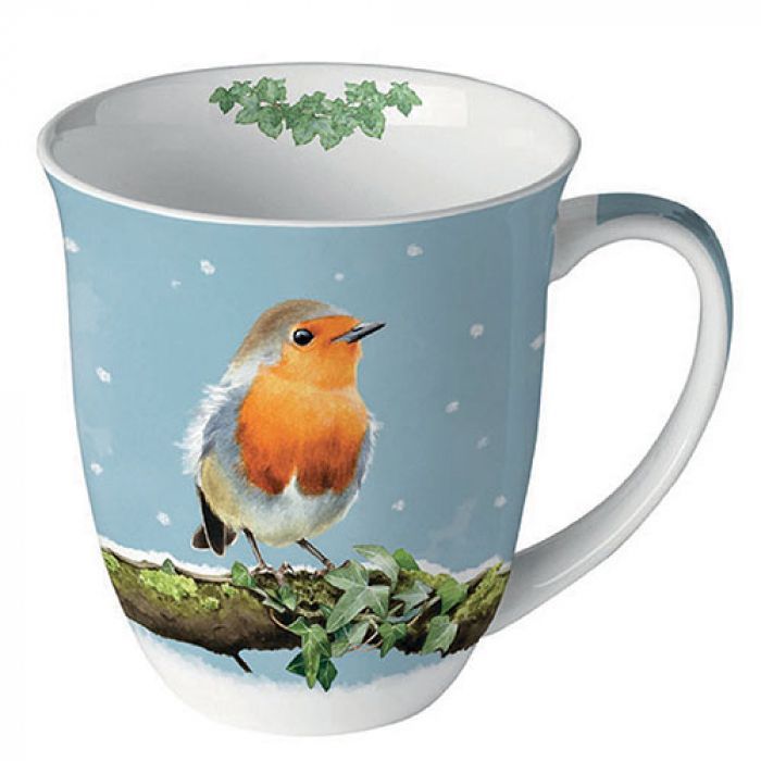 Ambiente Porzellan, Tasse, Vogel Winter Rotkehlchen - Mug 0.4 L Robin on branch Motiv