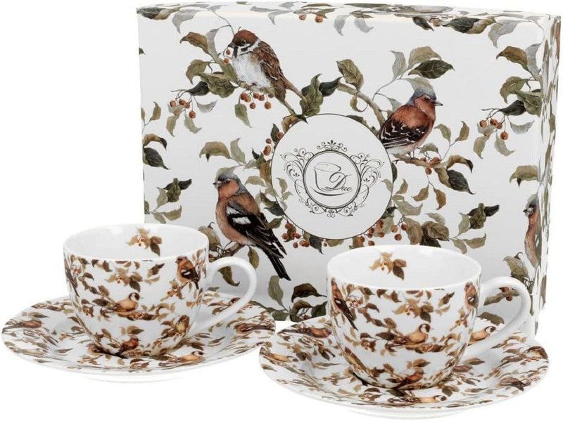DUO ANIMALS 2er-Set Espressotassen 90 ml BIRDIES mit Untertassen, New Bone China Porzellan