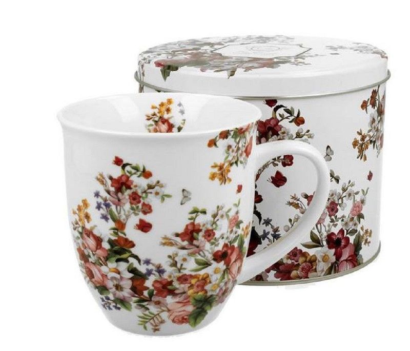Duo Kaffeetasse Teetasse Vintage Flowers White 400 ml in Metallbox – Cappuccinotasse, Porzellantasse, Kaffeebecher, Kaffee-Tasse, Tee-Becher, Blumen-Dekor