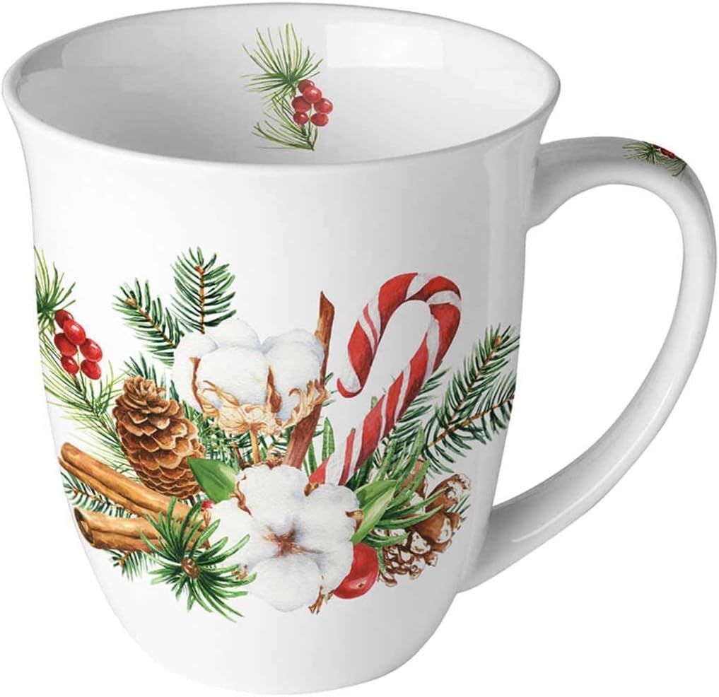 Ambiente Becher Weihnachtsbecher- Silvester - Herbst / Winter Tee - Kaffee Tasse Porzellan Weihnachtsarrangement, Zweige, Blumen, Weihnachten, Tannen, Zapfen, Mug, Weihnachten, Geschenkartikel