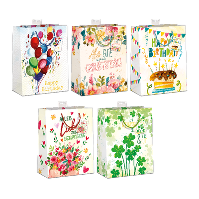 10er  Geburtstag , Happy Birthday, Tasche Sortiert, Geschenktasche - Geschenke - Format Large (26 x 32 x 12 cm) - "Luftballons, Blumen, Torte, Kleeblätter