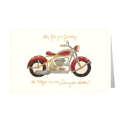 Schriftkarte, Geburtstag, Motorrad, Naturkarton, mit Goldfolie und Blindprägung- Glückwunschkarte, Glückwünsche,  Karten, Grußkarten - Klappkarte  Skorpion Glückwunschkartenverlag