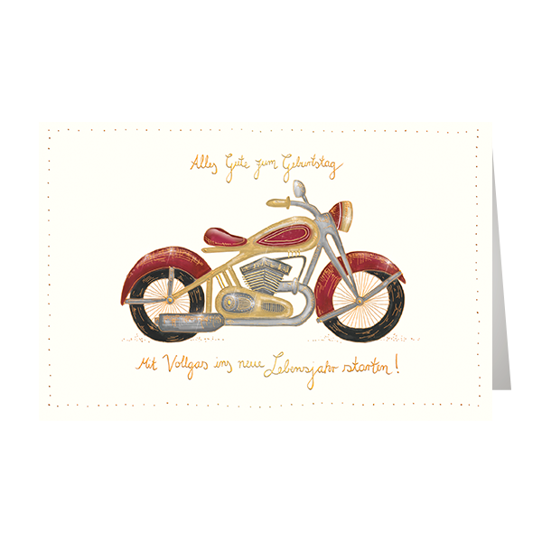 Schriftkarte, Geburtstag, Motorrad, Naturkarton, mit Goldfolie und Blindprägung- Glückwunschkarte, Glückwünsche,  Karten, Grußkarten - Klappkarte  Skorpion Glückwunschkartenverlag