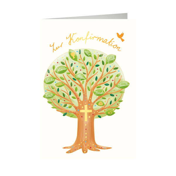 Konfirmation ,Baum, Naturkarton, mit Goldfolie und Blindprägung,  Glückwunschkarte, Glückwünsche,  Karten, Grußkarten - Klappkarte - Skorpion Glückwunschkartenverlag