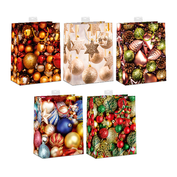 10er  Tasche Sortiert, Weihnachten Geschenktasche - Merry Christmas, Geschenke - Large (26 x 32 x 12 cm) - 5 Motive - Geschenktaschen Serie "Weihnachtsbaumkugeln" Jede mit Kordel, Namenskarte & Euro