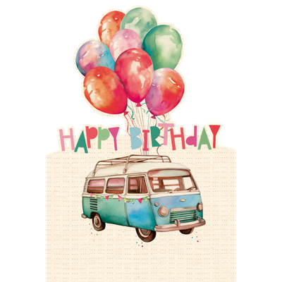 Geburtstag, VW Bus mit bunten Luftballons am Dachgepäckträger, Happy Birthday Motiv - Glückwunschkarte,  Geburtstagskind,  Karten, Grußkarten - Klappkarte  Skorpion Glückwunschkartenverlag