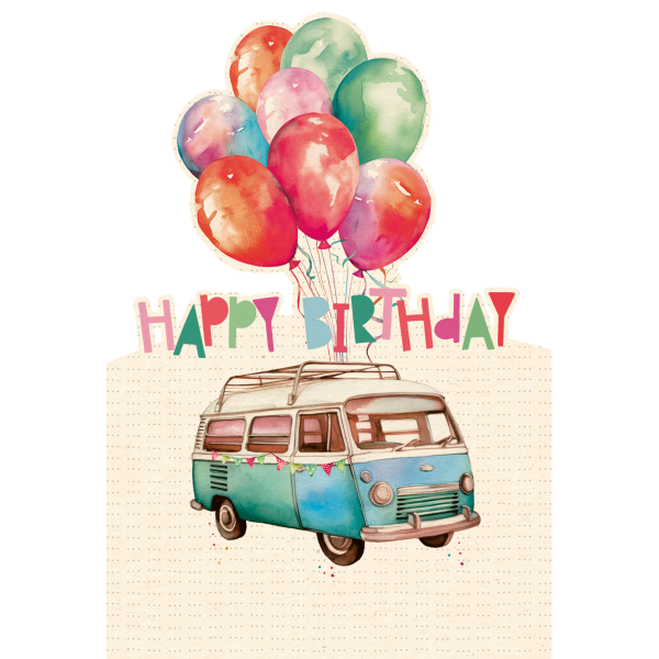 Geburtstag, VW Bus mit bunten Luftballons am Dachgepäckträger, Happy Birthday Motiv - Glückwunschkarte,  Geburtstagskind,  Karten, Grußkarten - Klappkarte  Skorpion Glückwunschkartenverlag