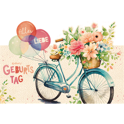 Geburtstag, Fahrrad mit bunten Luftballons und Blumenkorb, Happy Birthday Motiv - Glückwunschkarte , Geburtstagskind, Karten, Grußkarten - Klappkarte  Skorpion Glückwunschkartenverlag