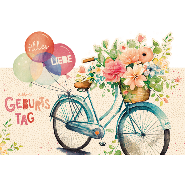Geburtstag, Fahrrad mit bunten Luftballons und Blumenkorb, Happy Birthday Motiv - Glückwunschkarte , Geburtstagskind, Karten, Grußkarten - Klappkarte  Skorpion Glückwunschkartenverlag