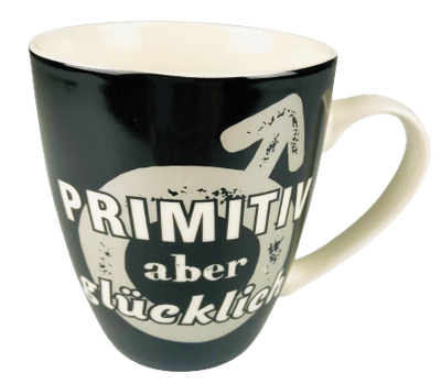 Gilde 46804 Porzellan-Tasse "PRIMITIV aber glücklich" schwarz ca 360ml Porzellan