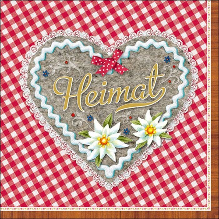 Ambiente Servietten „Heimat Herz rot“ mit Herz- und Edelweißmotiv im Landhausstil. 3-lagige Papierservietten, als Tischdeko, Feiern, Oktober Festival, Hüttendeko -Serviettentechnik.