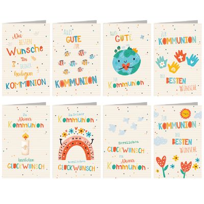 Kommunion, 8 verschiedene Motive sortiert - Glückwunschkarte,  hochwertige Karten Grußkarten - Klappkarte Skorpion Glückwunschkartenverlag, 50 Stück Kommunionskarten