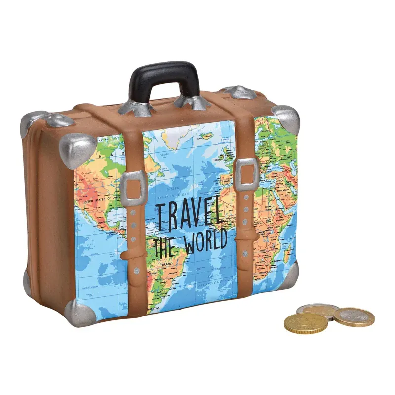 Spardose Koffer Landkarte Travel The World aus Keramik Blau, braun (B/H/T) 14x13x6cm Spardose Koffer Landkarte Travel The World aus Keramik Blau, braun (B/H/T) 14x13x6cm" - Sparbüchse, Spardose