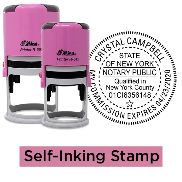 New York with County and Expiration Round Pink Notary Seal