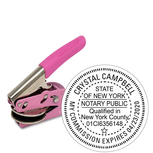 New York Notary with County and Expiration Round Pink Seal Embosser