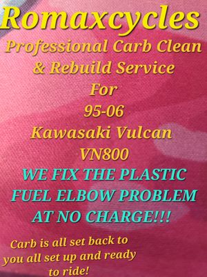95-06 Kawasaki Vulcan VN800 Professional carb clean &amp; rebuild service WITH FUEL ELBOW FIX INCLUDED!!