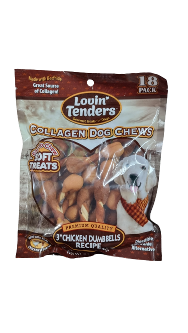 Lovin' Tenders Collagen Dog Chews 3" Chicken Dumbbells 18pk