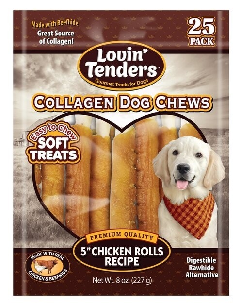 Lovin&#39; Tenders Collagen Dog Chews 5&quot; Chicken Rolls 25pk