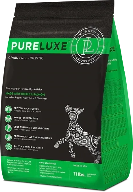 Pure Luxe Grain Free Holistic Turkey, Salmon and Split Peas Healthy Activity Dog Food 22lb