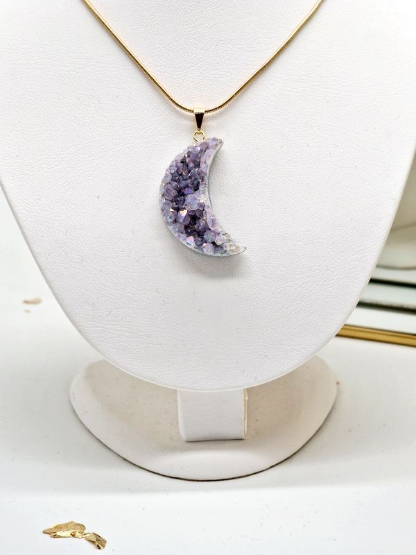 AMETHYST ANGEL AURA Moon Druzy Pendant Gold