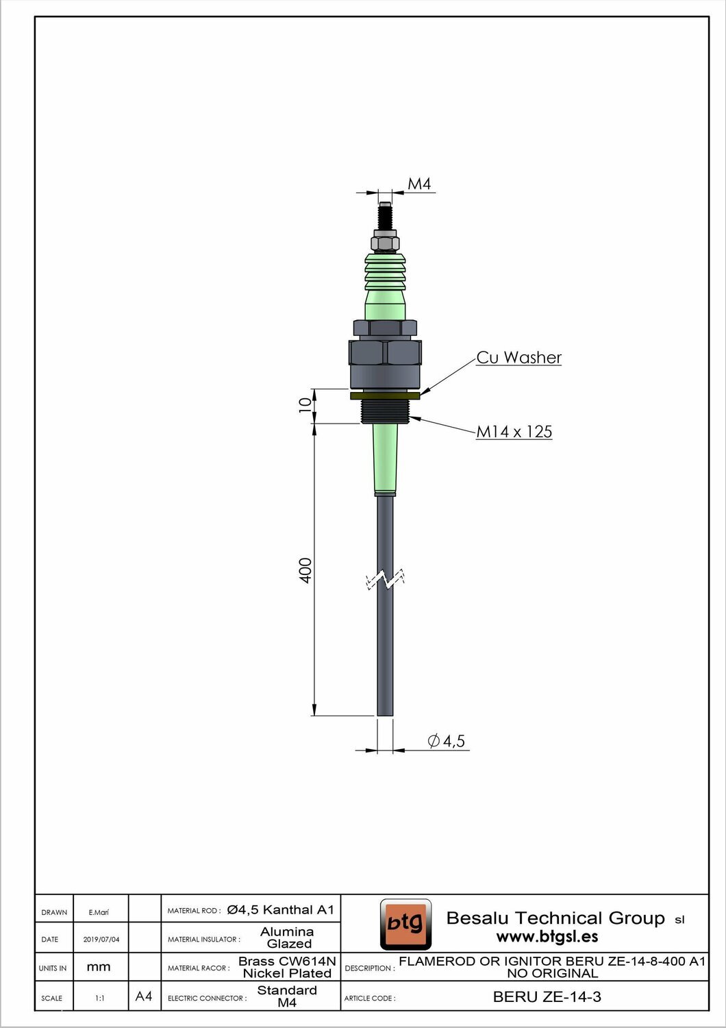 SONDA IONIZACION BERU ZE-14-8-400-A1