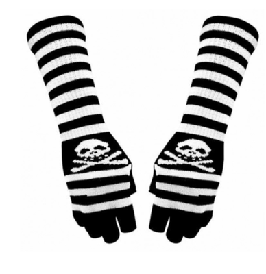 gestreifte Armstulpen Handschuhe - Weißer Totenkopf 001