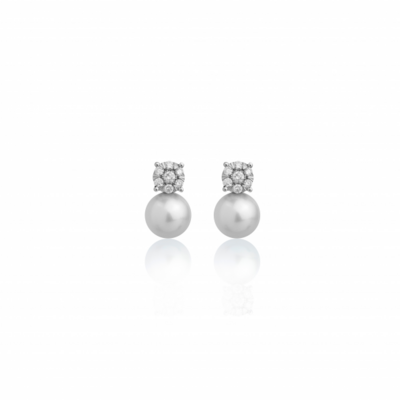 Boucles D’Oreilles En Or Blanc Ornées De Perles De Culture Avec Des Bouche-Trous Sertis De Diamants