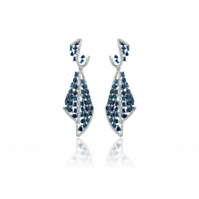 Boucles D’Oreilles Serties De Diamants Et Saphirs Bleus
