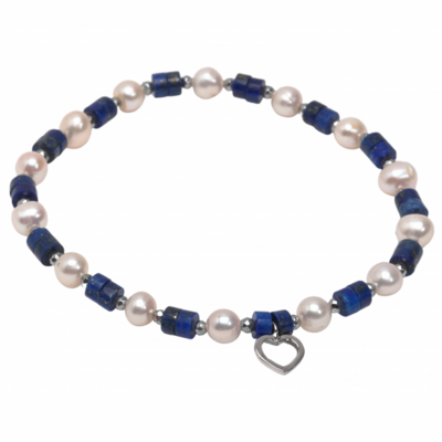 Bracelet Khmissa Or Blanc Sertie Saphir Bleu Et Perles