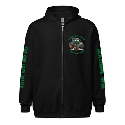 Traktor protest. Butter, Brot und Bier machen wir! Stirbt der Bauer stirbt das Dorf! zip hoodie. https://bit.ly/TRPR1