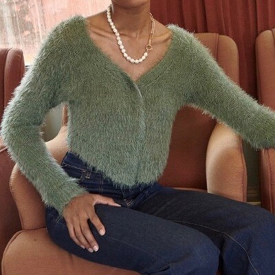 Sweater green furry cardigan button front