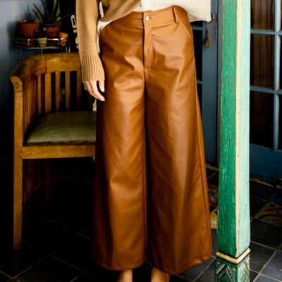 Faux leather black & brown wide leg pants with button zipper closure 