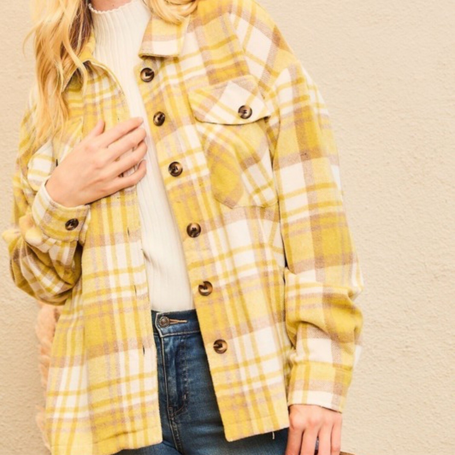 Shacket mustard plaid large button front 