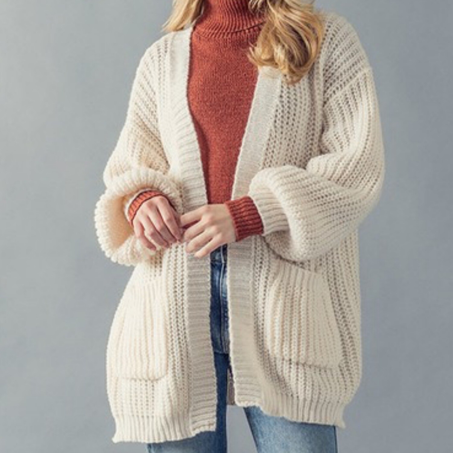 Chunky cream cardi sweater puff sleeves with front pockets