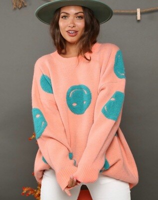 Sweater smiley face peach and turquoise
