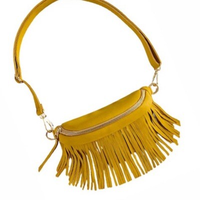Fringe crossbody sling faux suede with removable strap mustard