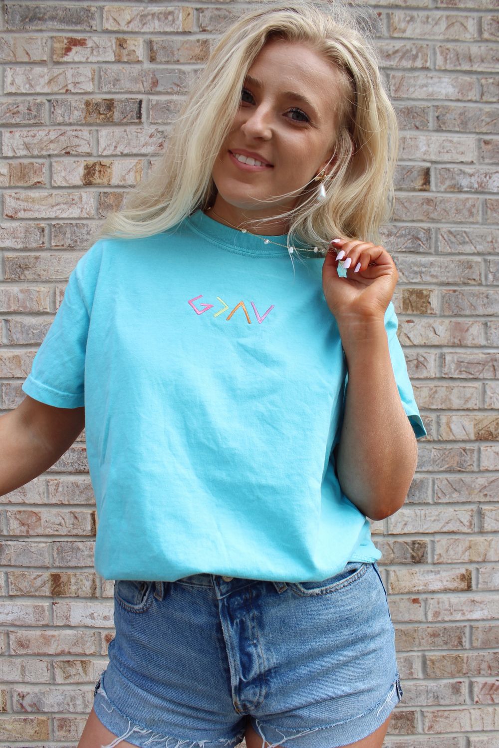 God is Greater than the Highs and Lows Embroidered T-Shirt