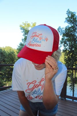 RESTOCK God Bless America Red Trucker Hat