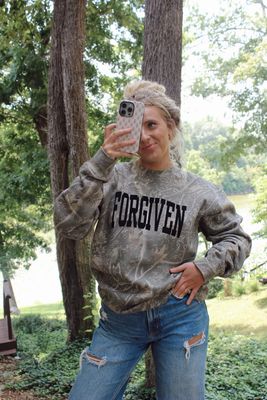 FORGIVEN Velvet Letter Camo Crewneck Sweatshirt
