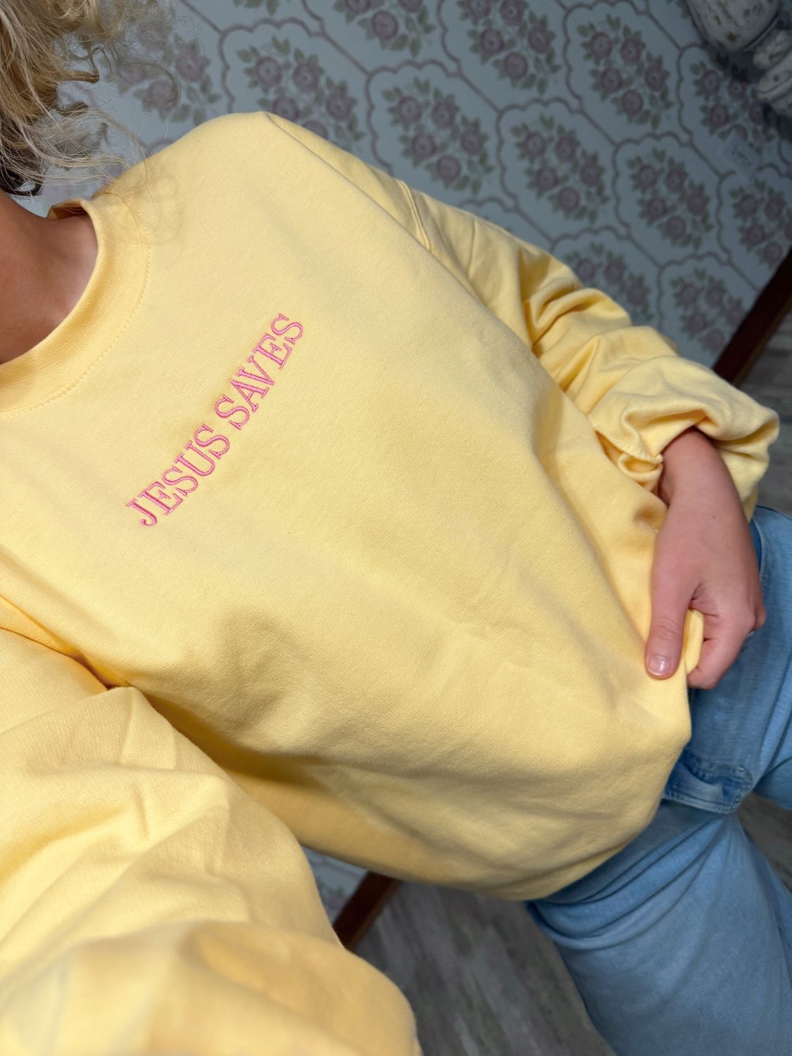 Jesus Saves Yellow Embroidered Sweatshirt