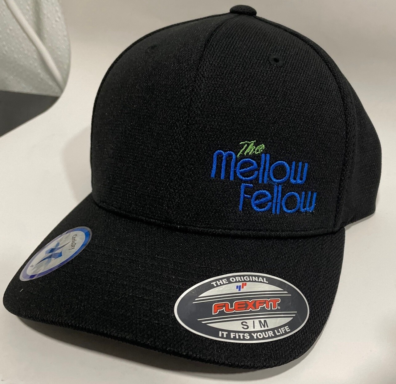 The Mellow Fellow FlexFit Hats, Size: S/M, Design: MF Blue Corner
