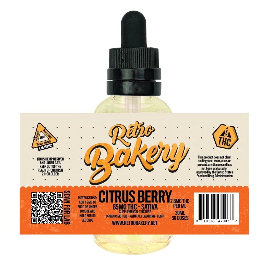 Retro Bakery THC Tincture - 50mg (30 doses), Strain: Citrus Berry (Sativa)