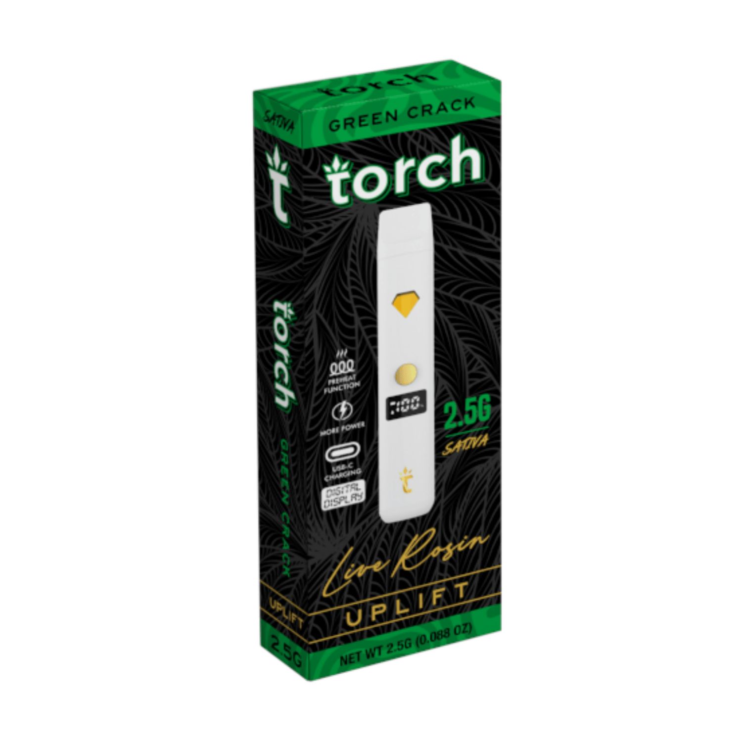 TORCH 2.5g THC Live Rosin Disposable, Strain: Green Crack (Sativa)