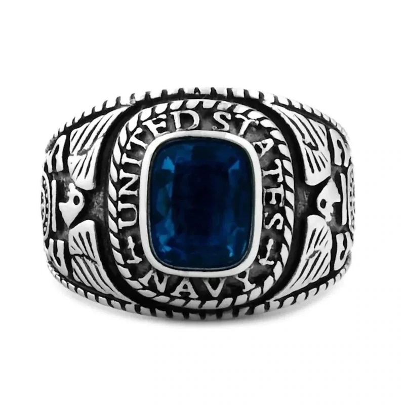 US Navy Gold Ring with Blue Sapphire Stone Sailor Graduation Souvenir