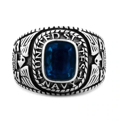 US Navy Gold Ring with Blue Sapphire Stone Sailor Graduation Souvenir
