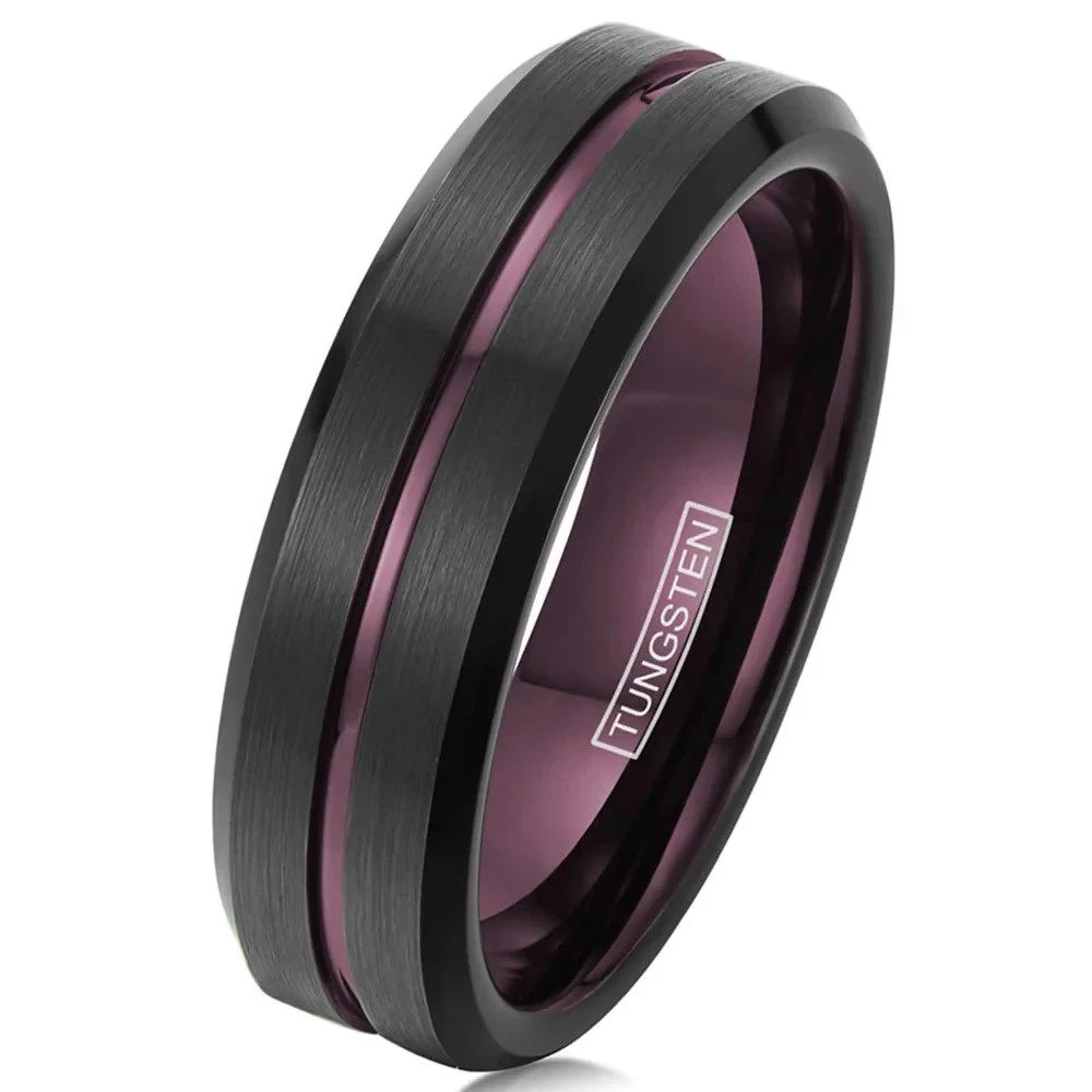 Black Tungsten Ring with Purple Mid Liner 6mm,8mm