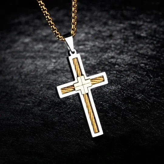 Gold Cross Pendant Necklace Stainless Steel Wire Inlay