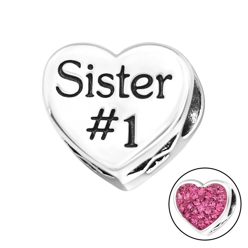 Heart Sister Sterling Silver Beads/Charm with Crystal