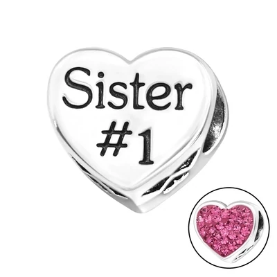 Heart Sister Sterling Silver Beads/Charm with Crystal