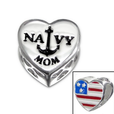 NAVY MOM Anchor with American Flag Bead Charm 925S Sailor Mother Gift